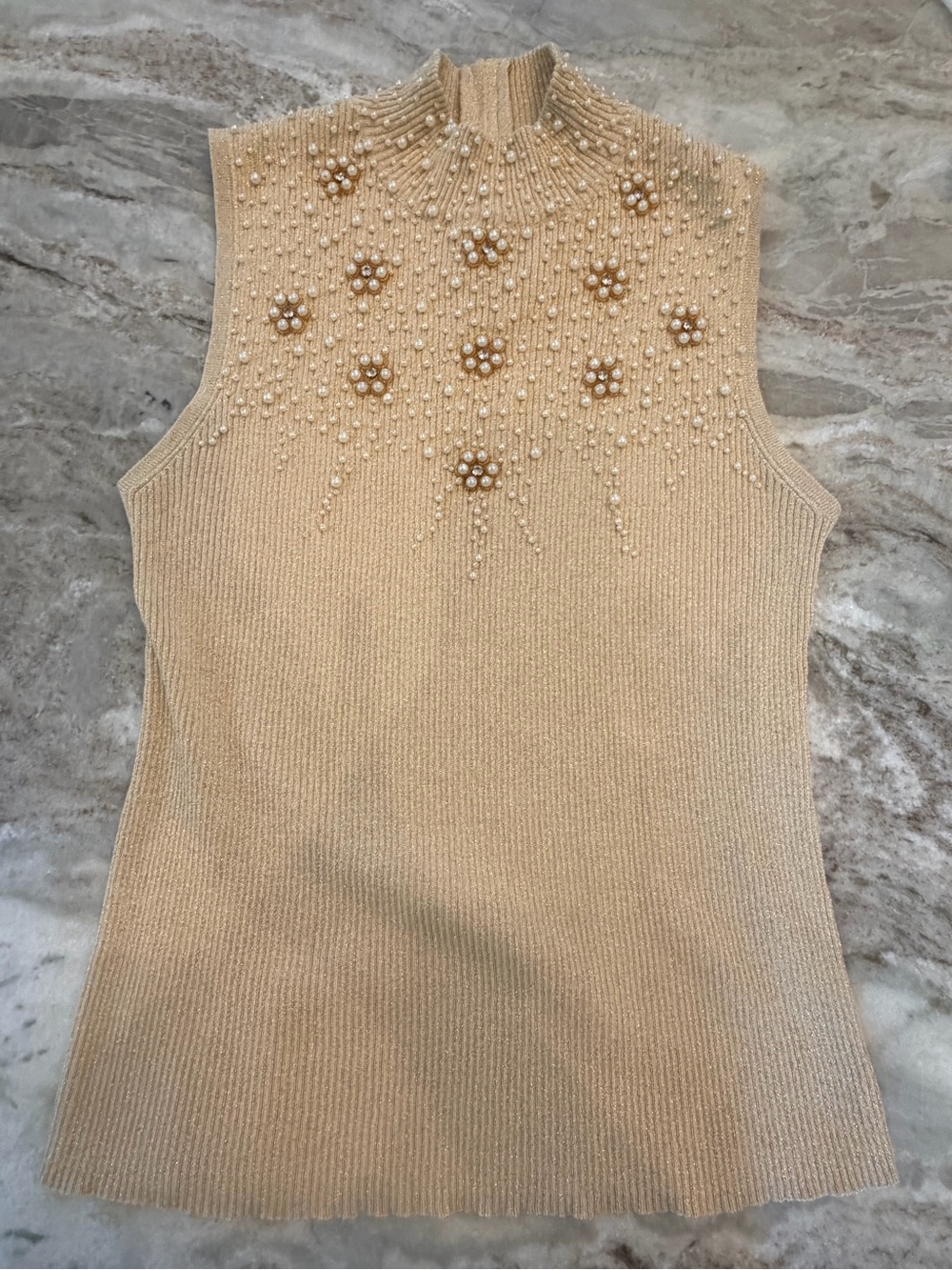 Lauren Michelle Large Gold Metallic Pearl Beaded Mock Neck Sweater Tank